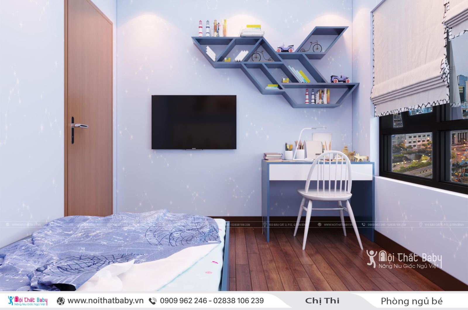 Giường tầng màu xanh cho bé trai tại căn Duplex 97m2 Emerald Celadon City
